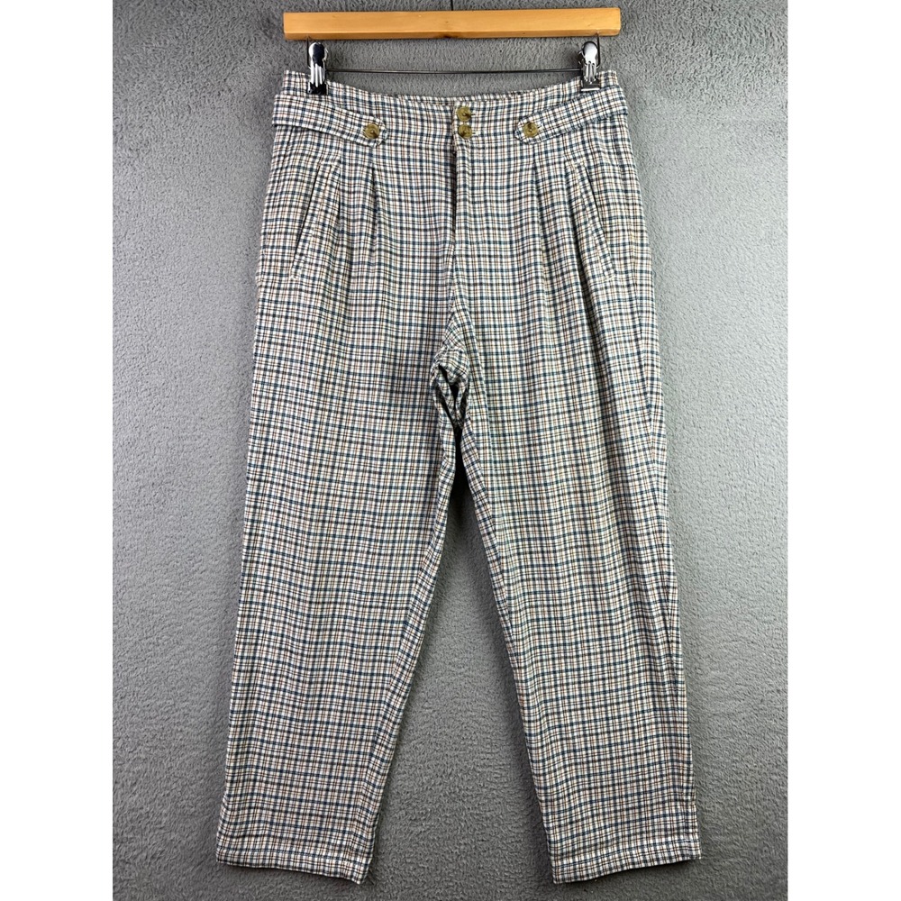 Sundance High Waisted Pleated Plaid Trousers Blue Brown Cream Tapered Pants